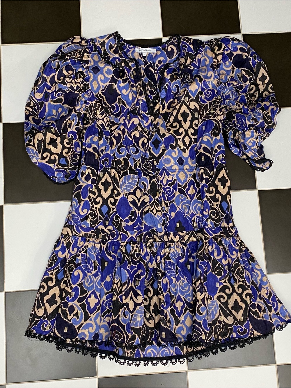 ✨ Olivaceous Blue Black and Shimmery Gold Puff Sleeve A-Line Dress